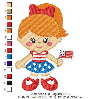 American Girl with Flag - Fill Stitch -Machine Embroidery Design