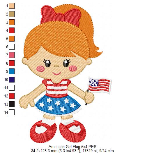 American Girl with Flag - Fill Stitch -Machine Embroidery Design