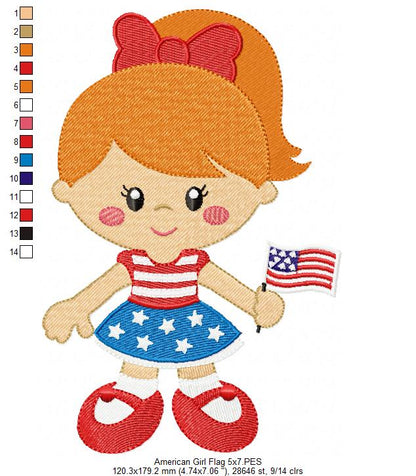 American Girl with Flag - Fill Stitch -Machine Embroidery Design