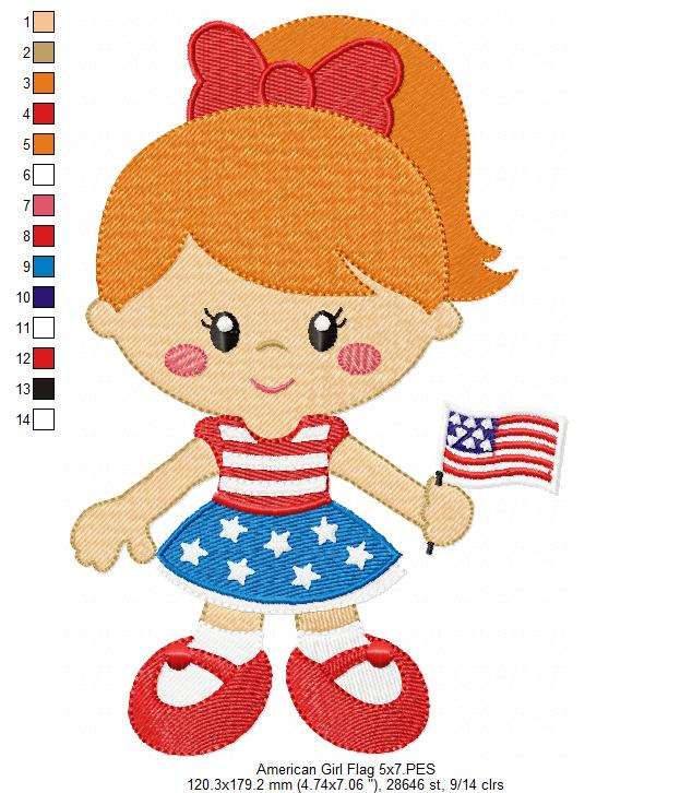 American Girl with Flag - Fill Stitch -Machine Embroidery Design