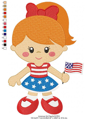 American Girl with Flag - Fill Stitch -Machine Embroidery Design