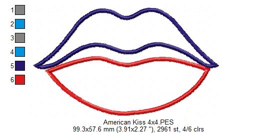 4th of July Lips American Kiss - Applique - Machine Embroidery Design