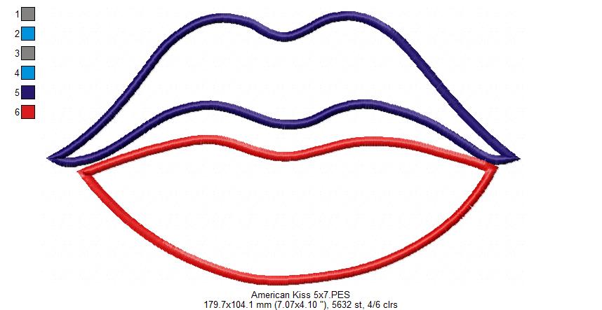 4th of July Lips American Kiss - Applique - Machine Embroidery Design