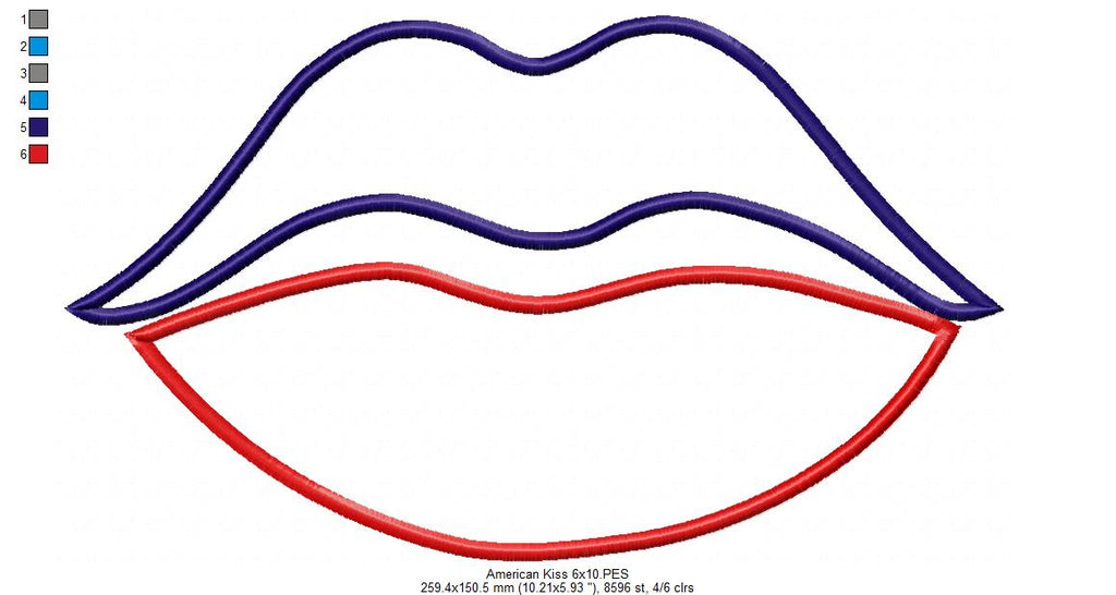 4th of July Lips American Kiss - Applique - Machine Embroidery Design