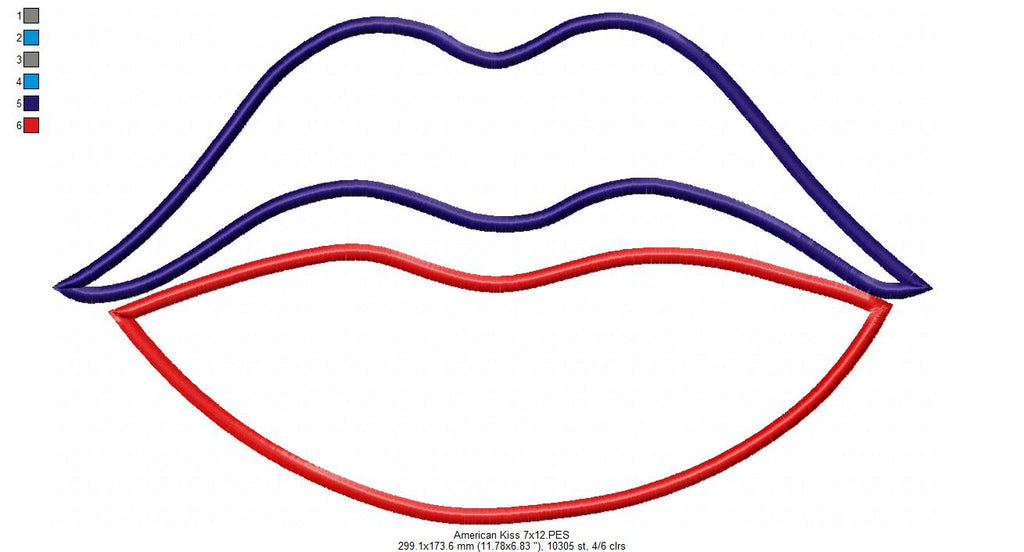 4th of July Lips American Kiss - Applique - Machine Embroidery Design