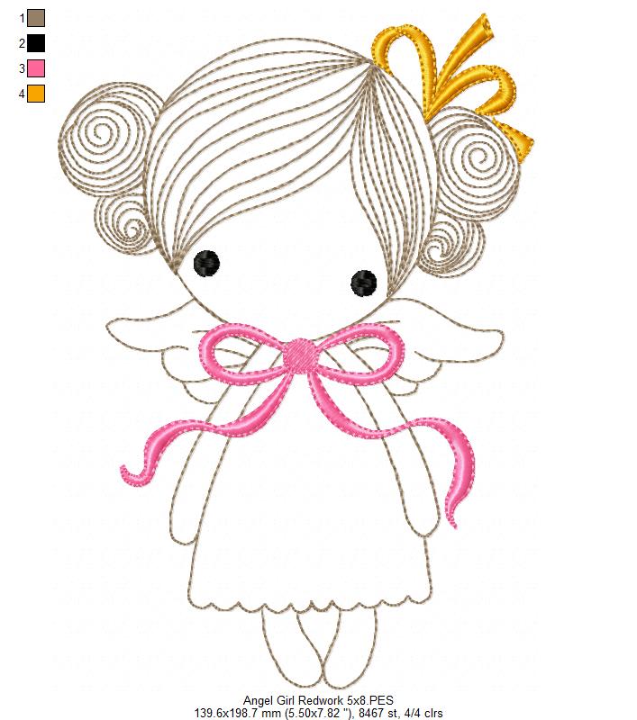 Angel Girl with Bow - RedworkEmbroidery