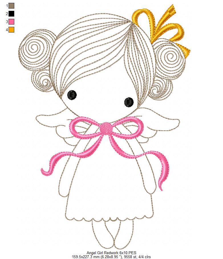 Angel Girl with Bow - RedworkEmbroidery