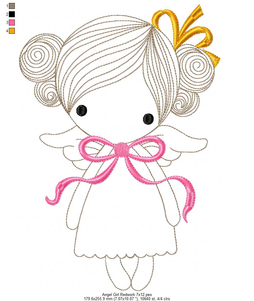 Angel Girl with Bow - Redwork