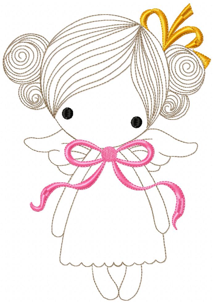 Angel Girl with Bow - Redwork