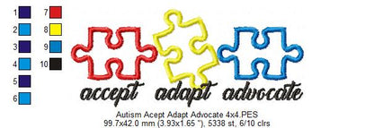 Autism Accept Adapt Advocate - Applique - Machine Embroidery Design