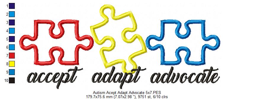 Autism Accept Adapt Advocate - Applique - Machine Embroidery Design