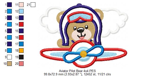 Aviator Pilot Bear - Applique - Machine Embroidery Design