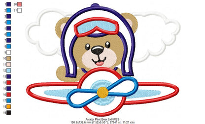 Aviator Pilot Bear - Applique - Machine Embroidery Design