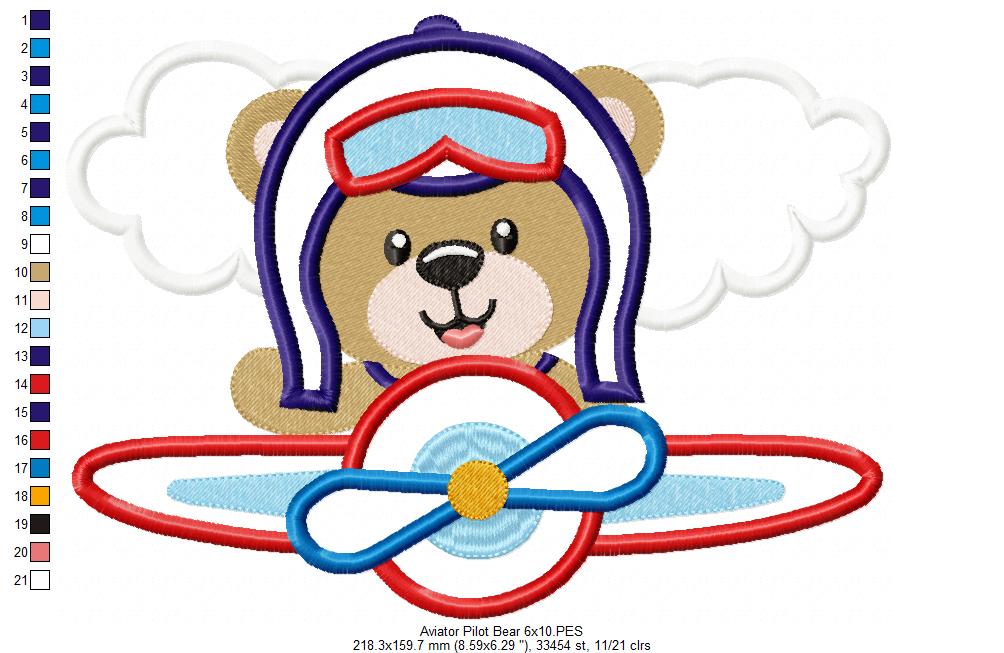 Aviator Pilot Bear - Applique - Machine Embroidery Design