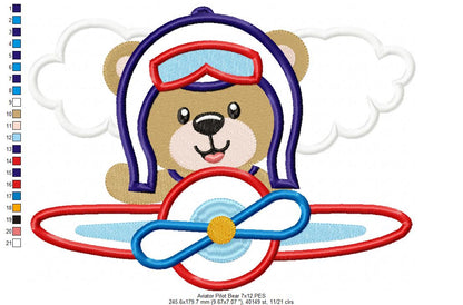 Aviator Pilot Bear - Applique - Machine Embroidery Design