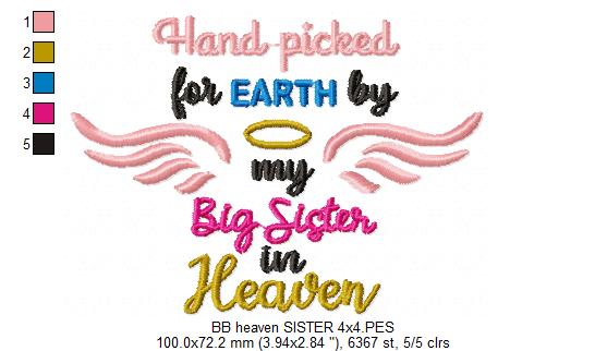 Hand Picked for Earth by My Big Sister in Heaven – Fill Stitch – Machine Embroidery Design