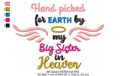 Hand Picked for Earth by My Big Sister in Heaven – Fill Stitch – Machine Embroidery Design