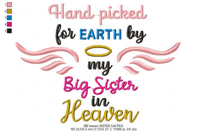 Hand Picked for Earth by My Big Sister in Heaven – Fill Stitch – Machine Embroidery Design