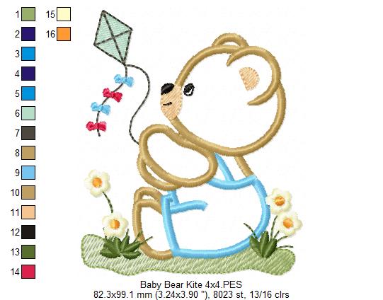 Teddy Bear and kite - Applique - Machine Embroidery Design