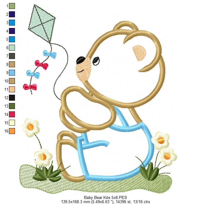 Teddy Bear and kite - Applique - Machine Embroidery Design