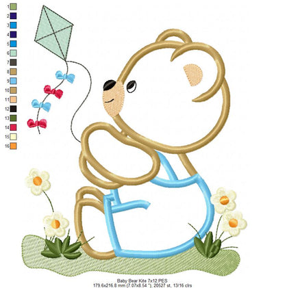 Teddy Bear and kite - Applique - Machine Embroidery Design