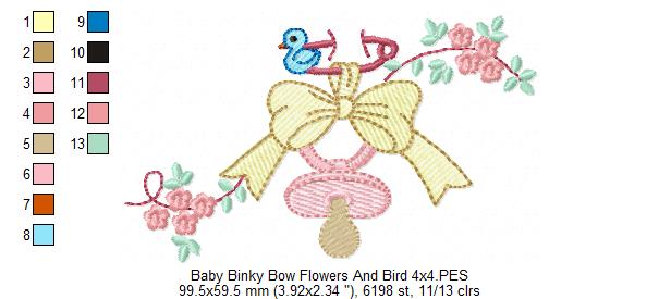 Baby Binky, Bow, Flowers and Bird - Fill Stitch