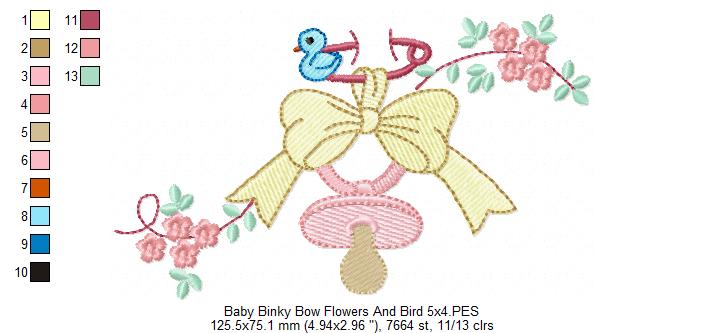 Baby Binky, Bow, Flowers and Bird - Fill Stitch