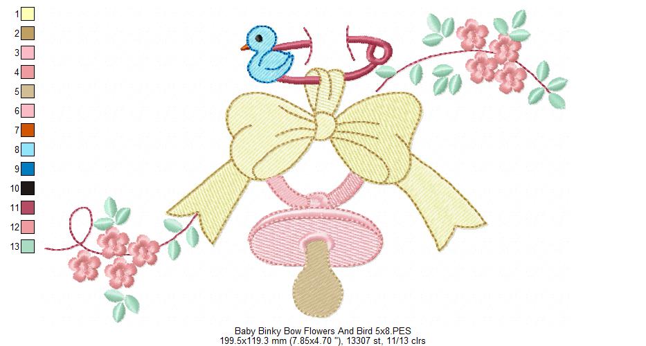Baby Binky, Bow, Flowers and Bird - Fill Stitch