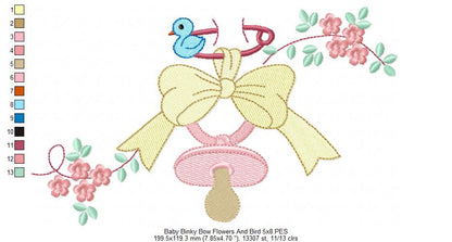 Baby Binky, Bow, Flowers and Bird - Fill Stitch