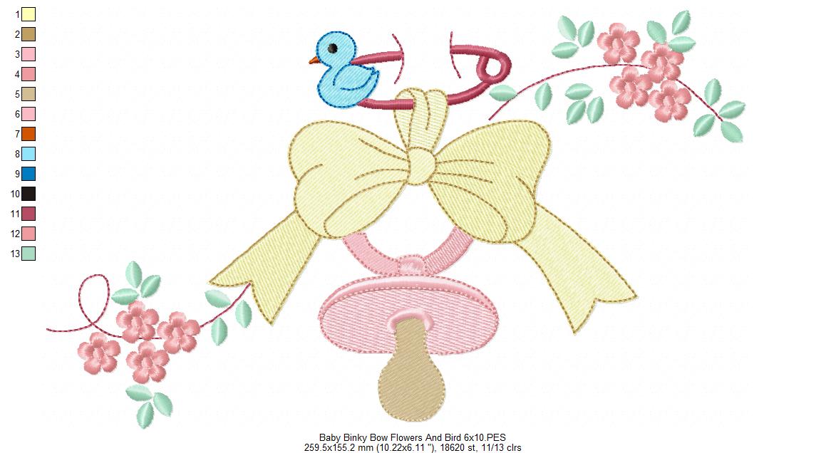 Baby Binky, Bow, Flowers and Bird - Fill Stitch