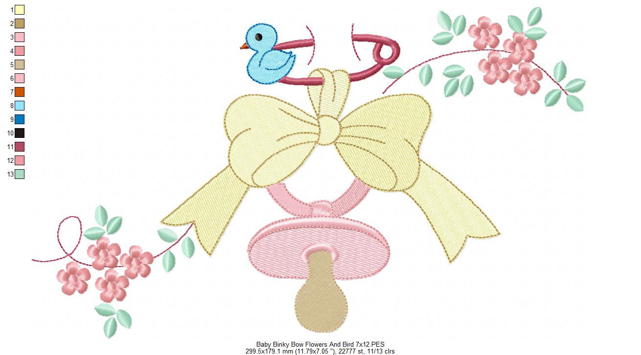 Baby Binky, Bow, Flowers and Bird - Fill Stitch