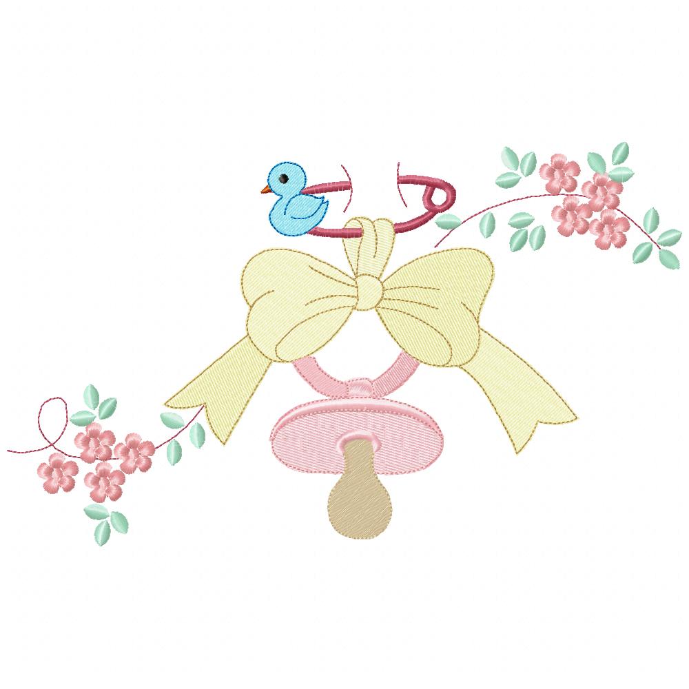 Baby Binky, Bow, Flowers and Bird - Fill Stitch