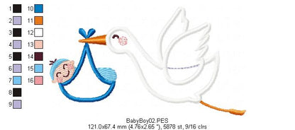 Stork - It's a Baby Boy and Girl - Applique - Set of 2 designs - Machine Embroidery Design