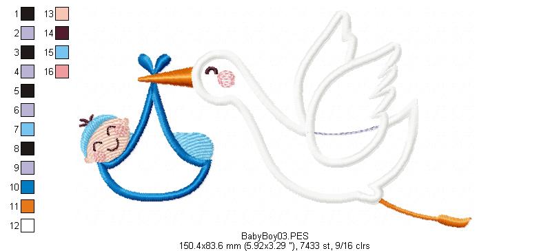 Stork - It's a Baby Boy and Girl - Applique - Set of 2 designs - Machine Embroidery Design