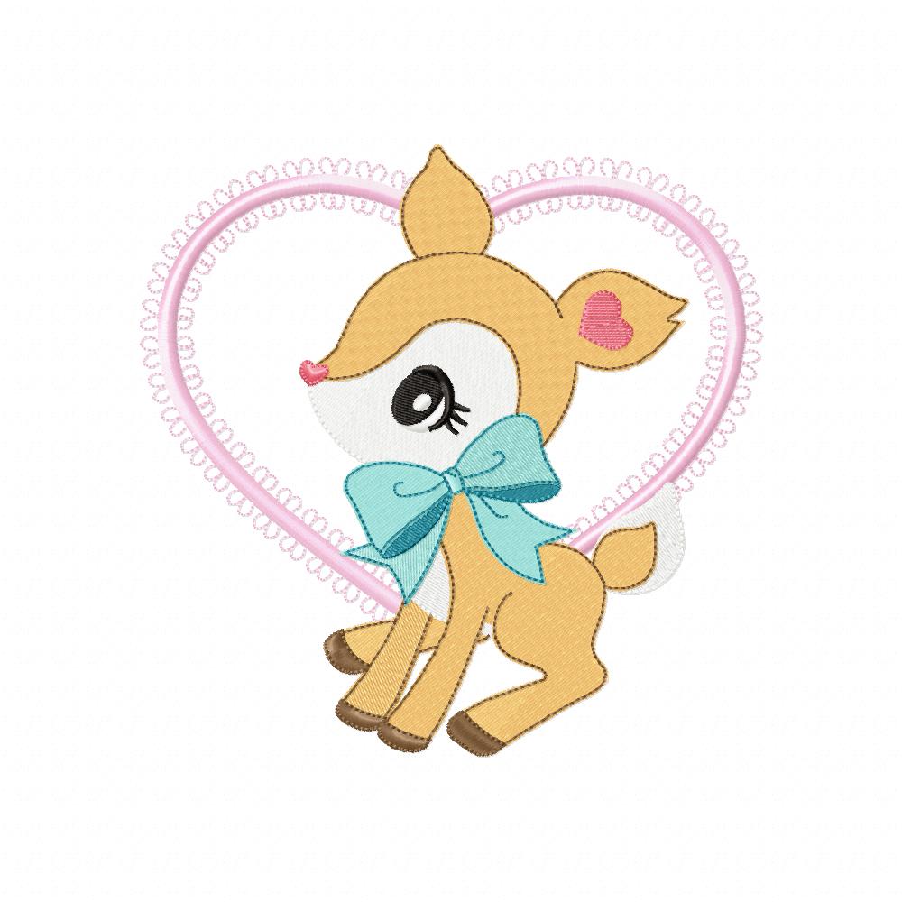 Baby Deer Little Doe Heart Frame - Applique - Machine Embroidery Design