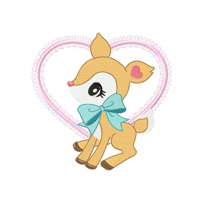Baby Deer Little Doe Heart Frame - Applique - Machine Embroidery Design