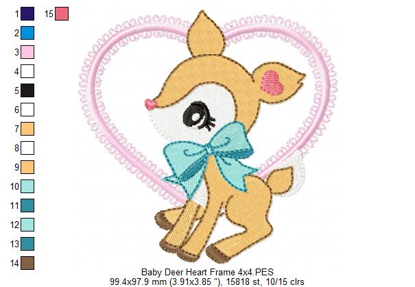 Baby Deer Little Doe Heart Frame - Applique - Machine Embroidery Design