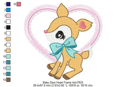 Baby Deer Little Doe Heart Frame - Applique - Machine Embroidery Design