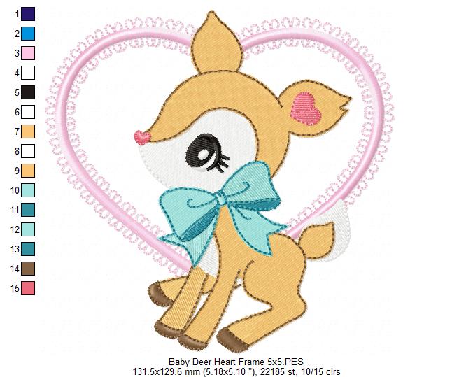 Baby Deer Little Doe Heart Frame - Applique - Machine Embroidery Design