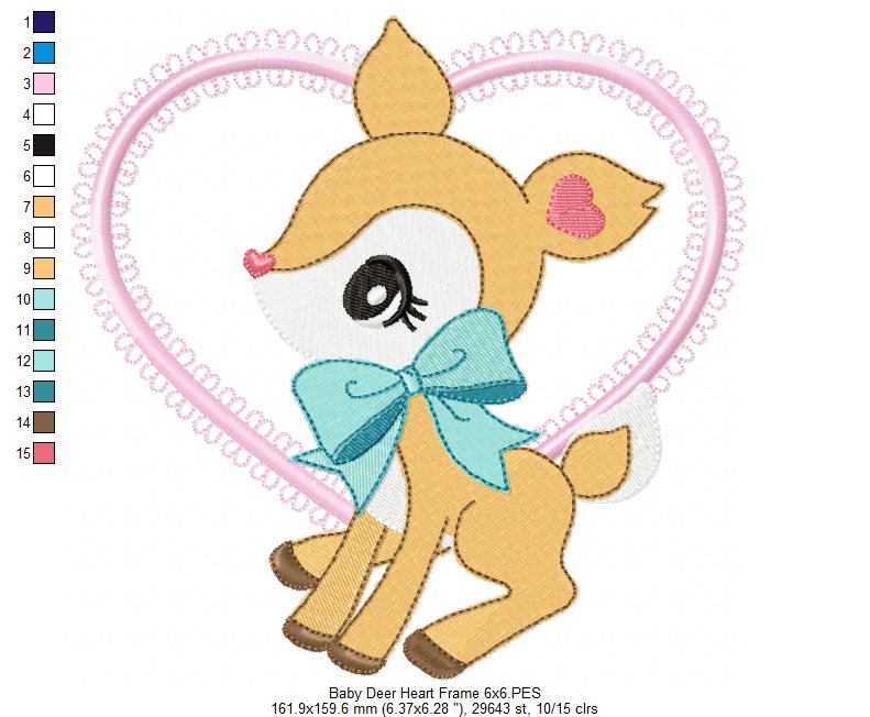 Baby Deer Little Doe Heart Frame - Applique - Machine Embroidery Design