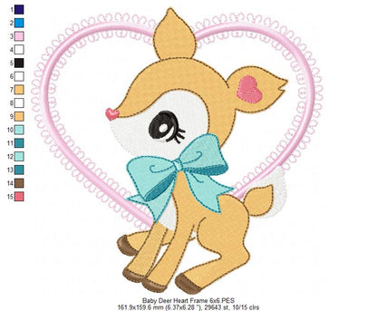 Baby Deer Little Doe Heart Frame - Applique - Machine Embroidery Design