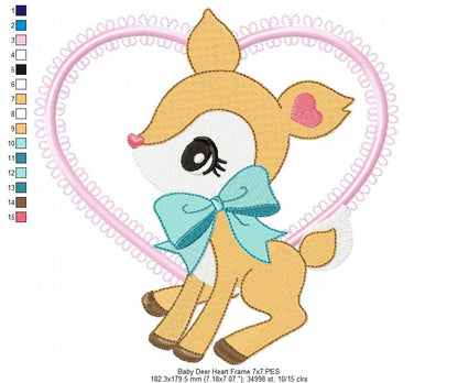Baby Deer Little Doe Heart Frame - Applique - Machine Embroidery Design