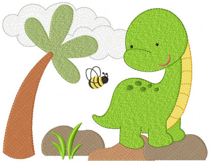 Sweet Baby Dinosaur Scene - Fill Stitch - Machine Embroidery Design
