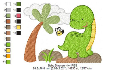 Sweet Baby Dinosaur Scene - Fill Stitch - Machine Embroidery Design