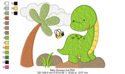 Sweet Baby Dinosaur Scene - Fill Stitch - Machine Embroidery Design