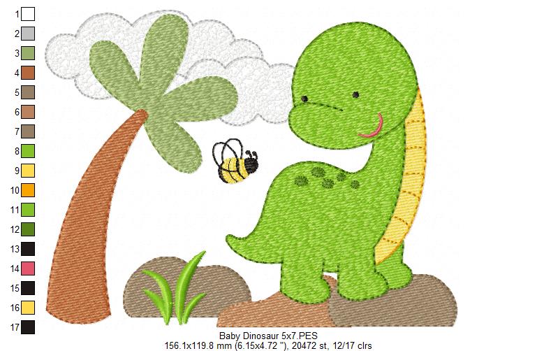 Sweet Baby Dinosaur Scene - Fill Stitch - Machine Embroidery Design