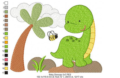 Sweet Baby Dinosaur Scene - Fill Stitch - Machine Embroidery Design