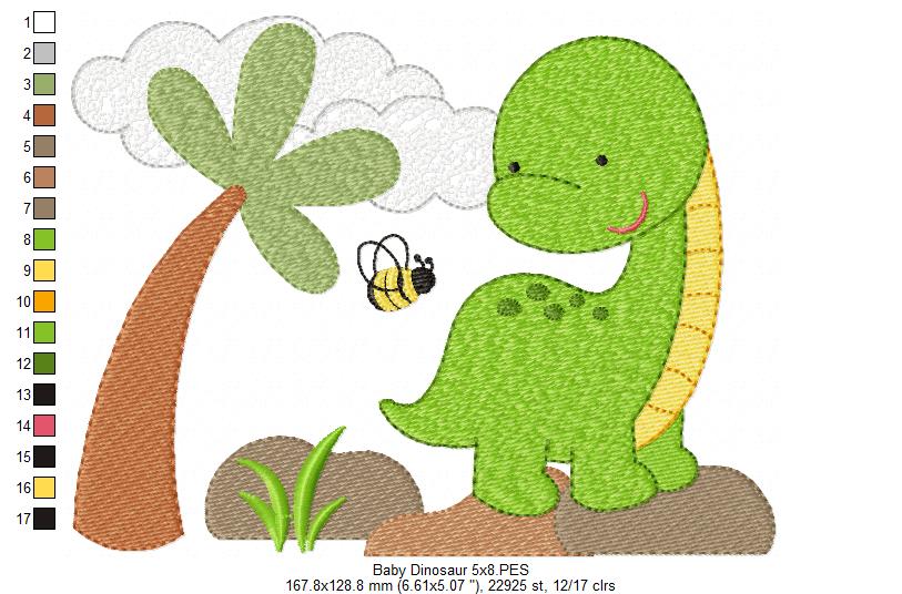 Sweet Baby Dinosaur Scene - Fill Stitch - Machine Embroidery Design