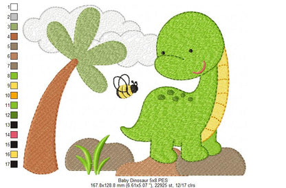 Sweet Baby Dinosaur Scene - Fill Stitch - Machine Embroidery Design