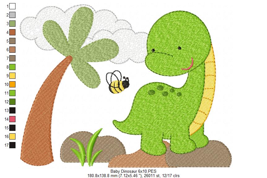 Sweet Baby Dinosaur Scene - Fill Stitch - Machine Embroidery Design